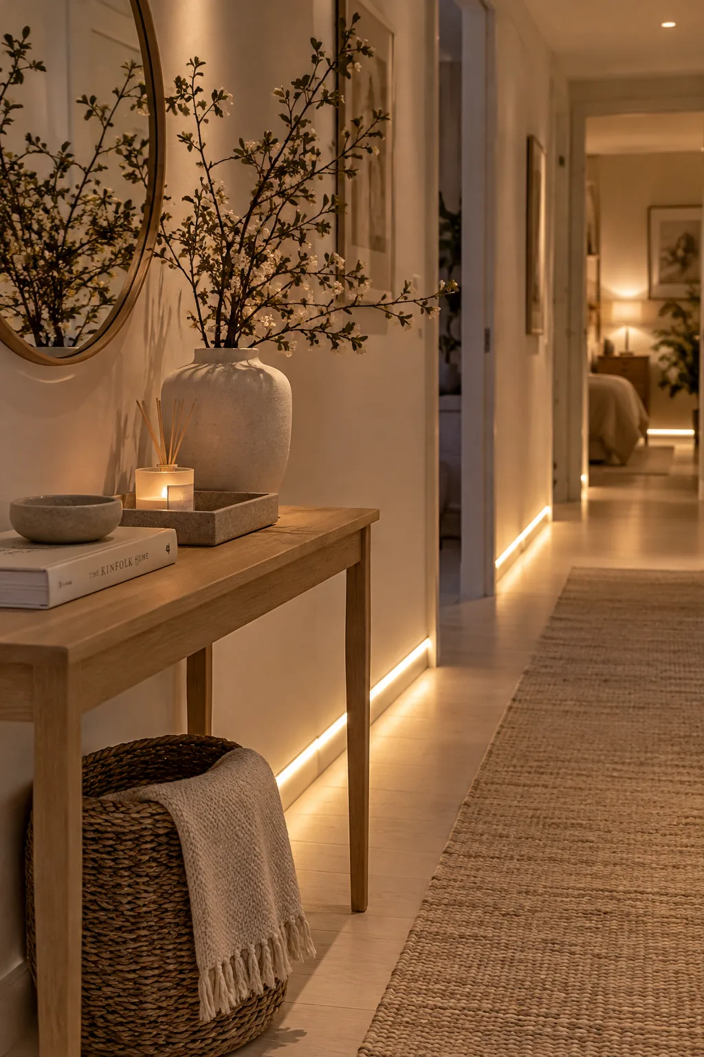 A dark hallway illuminated by a continuous strip of LED lighting running along the baseboards.
