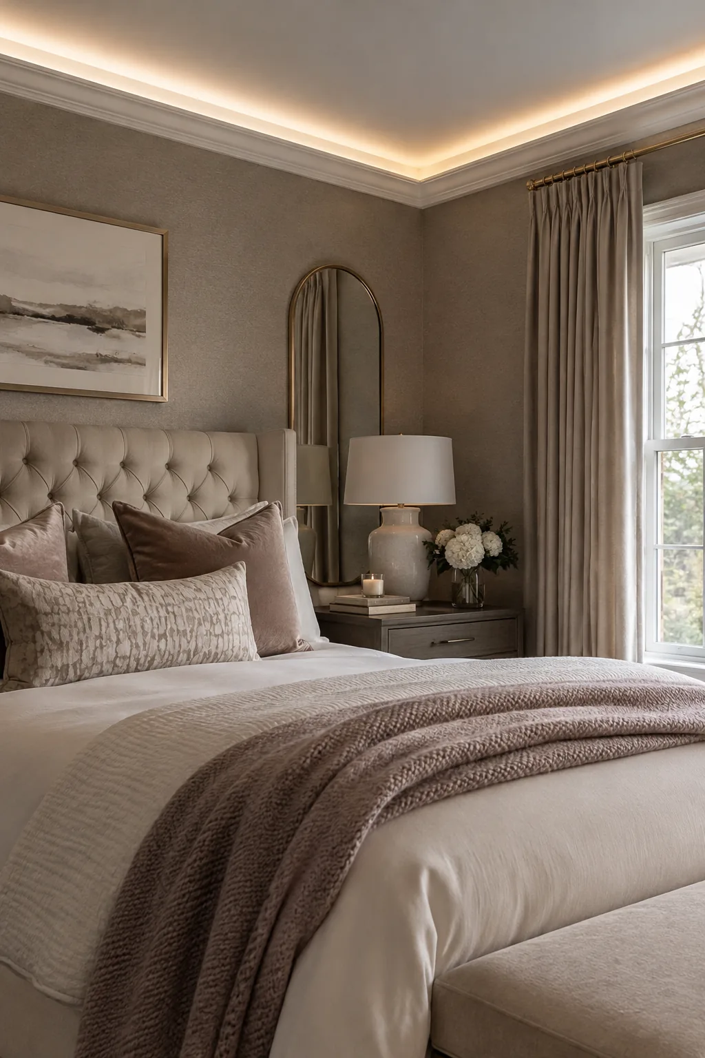 A bedroom ceiling featuring crown molding with hidden LED lights casting a soft glow upward.