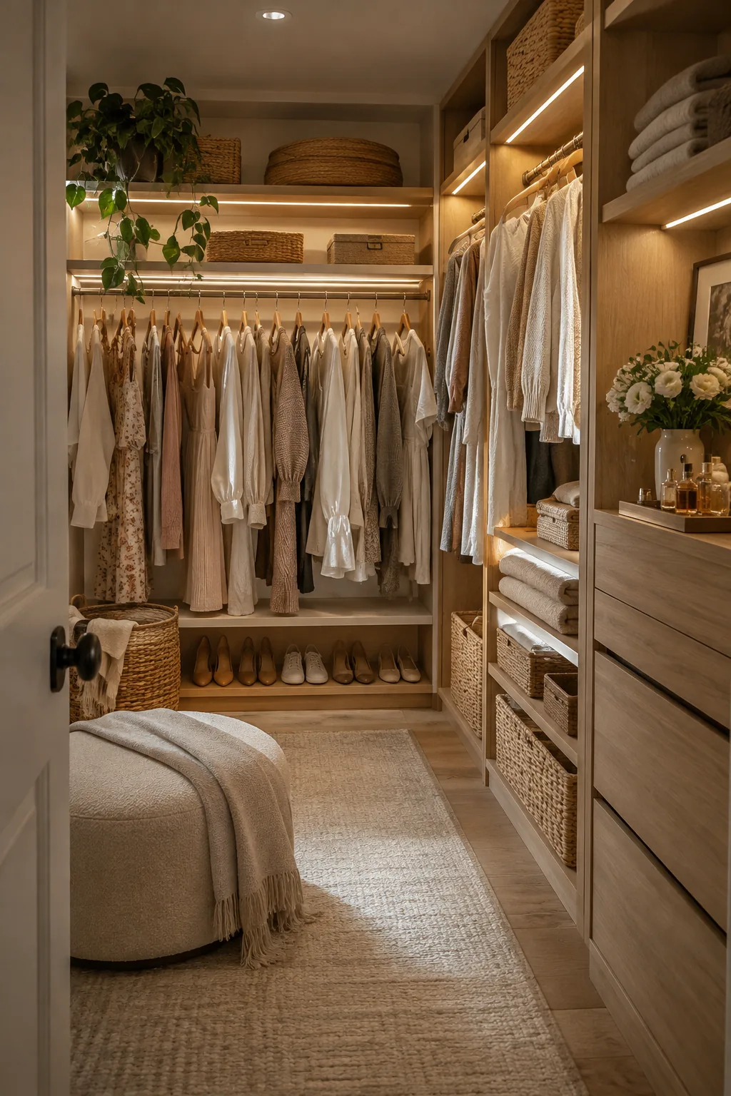 A well-organized closet with bright LED lights illuminating the hanging clothes from above the rod.