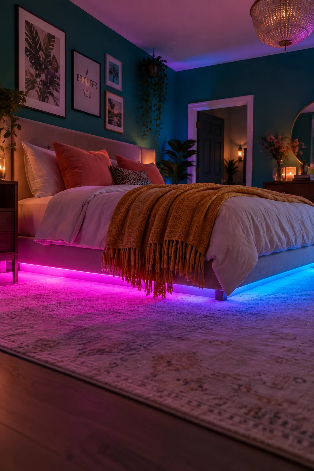 A modern bed with a soft, warm LED light glowing from underneath the frame.