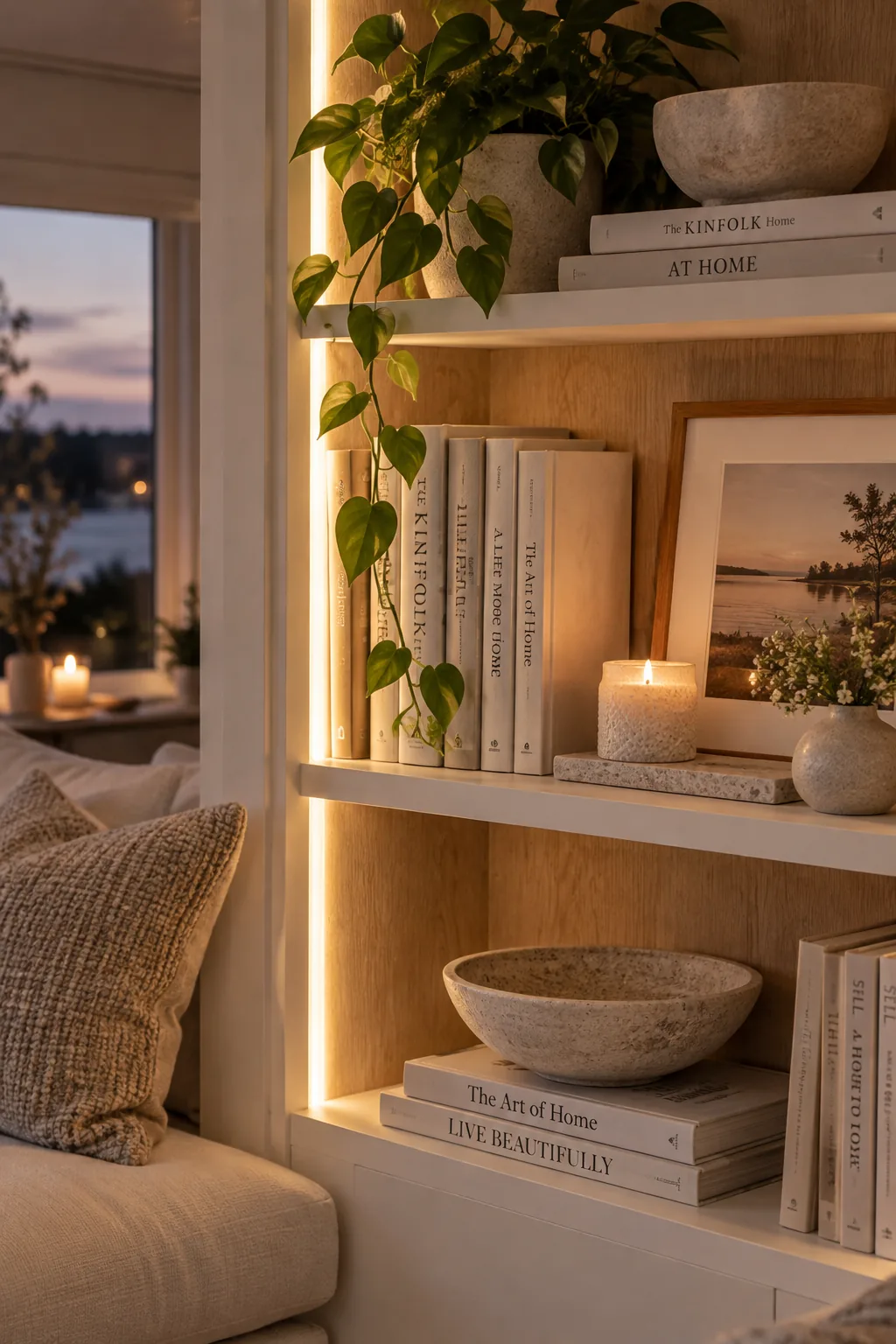 Living room built-in bookcases with vertical LED strips highlighting the books and decor.