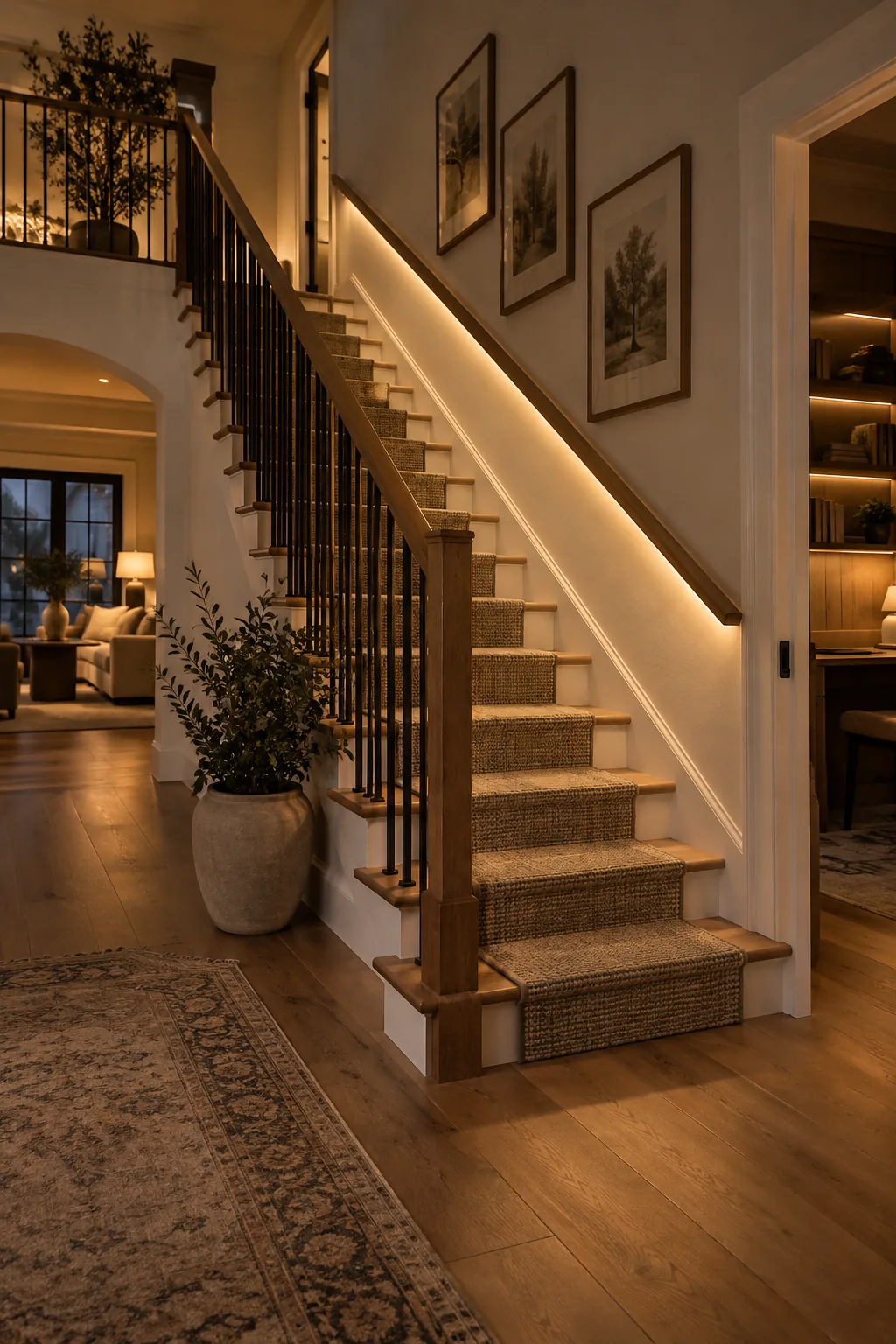 A modern wooden staircase with a bright LED strip glowing from underneath the wall-mounted handrail.
