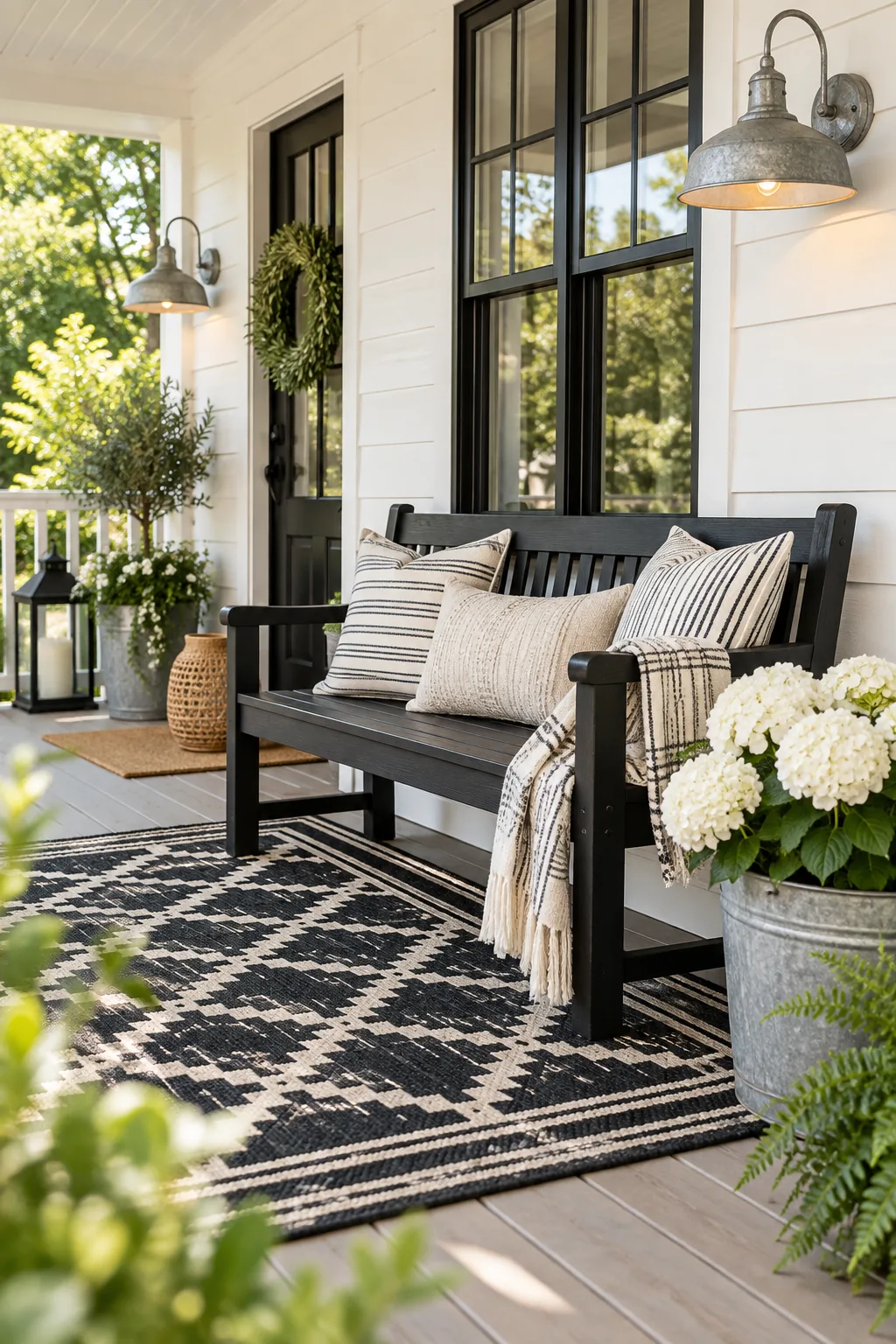 Modern farmhouse porch with a black wooden bench and geometric rug.