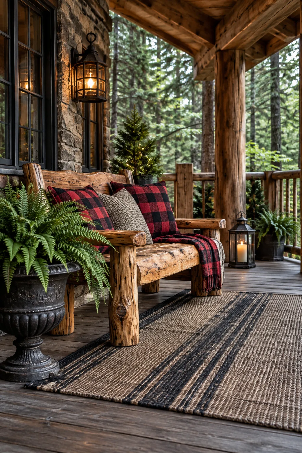 Woodland cabin porch with a cedar log bench and buffalo plaid pillows.