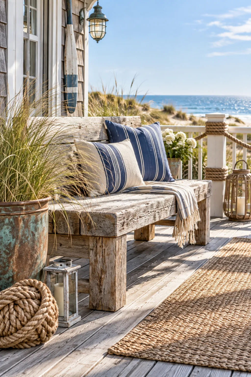 Coastal rustic deck with a driftwood bench and navy striped cushions.
