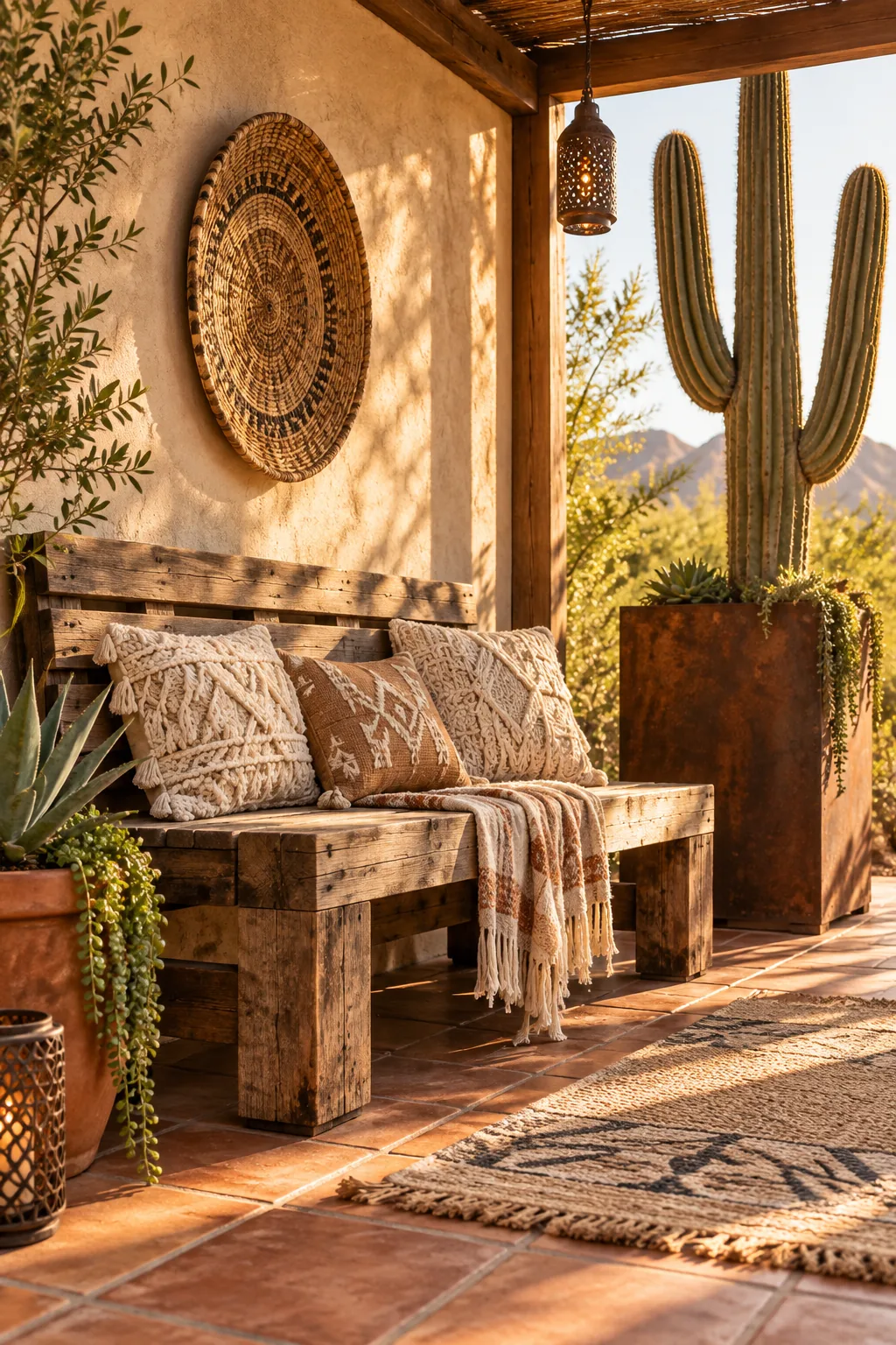 Desert bohemian patio with a pallet wood bench and rusted steel cactus planter.