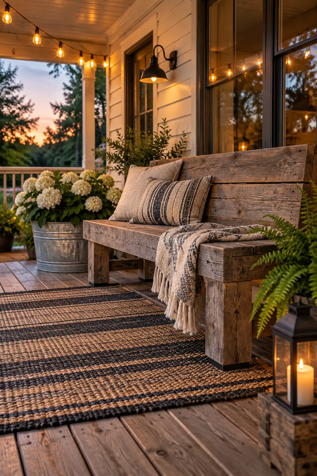 Weathered wooden bench seat styled with a green linen pillow and a textured throw blanket.