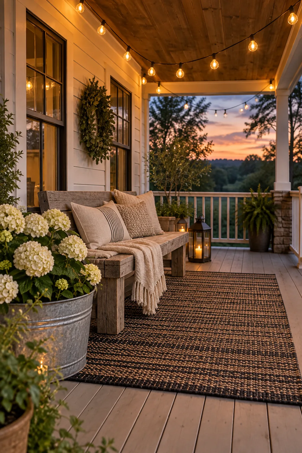 Fully styled rustic back porch at dusk with glowing string lights, a wooden bench, and a metal planter.