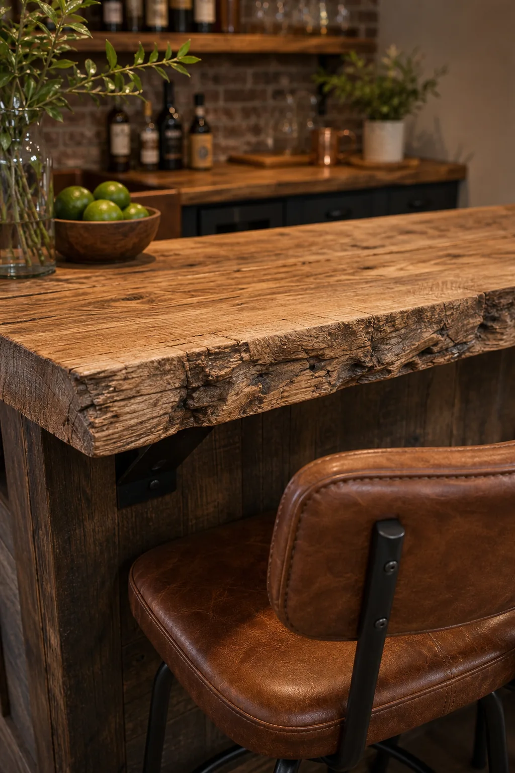 Close-up of a thick live-edge wood counter with natural grain.