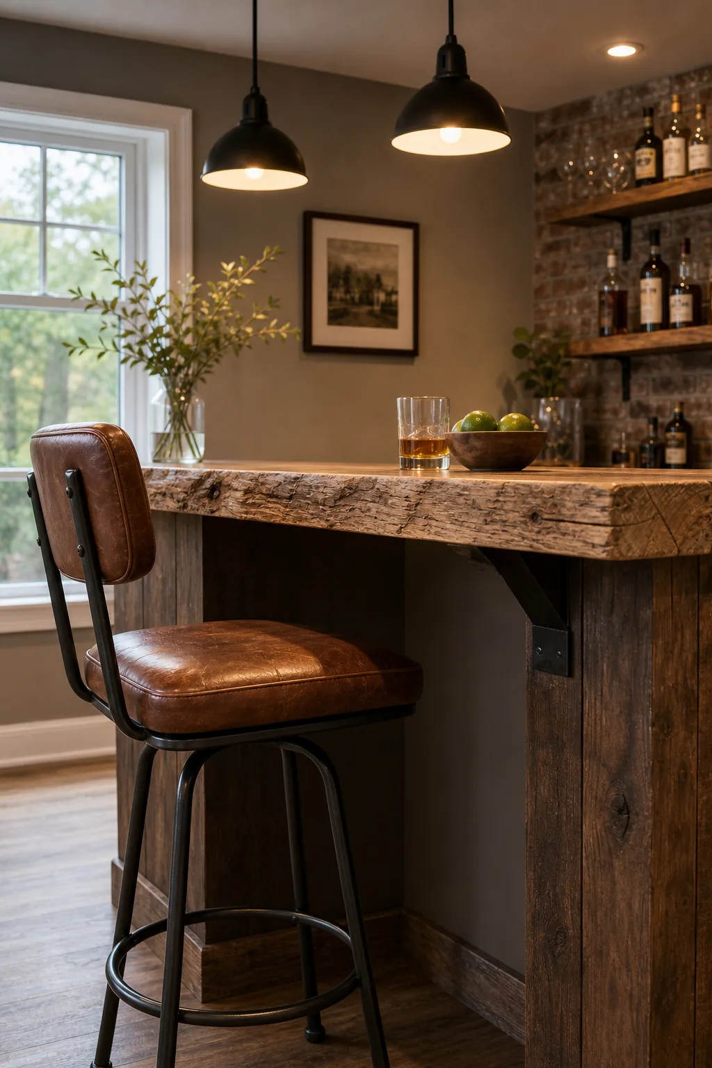 Profile view of a leather stool tucked under a wood bar overhang.