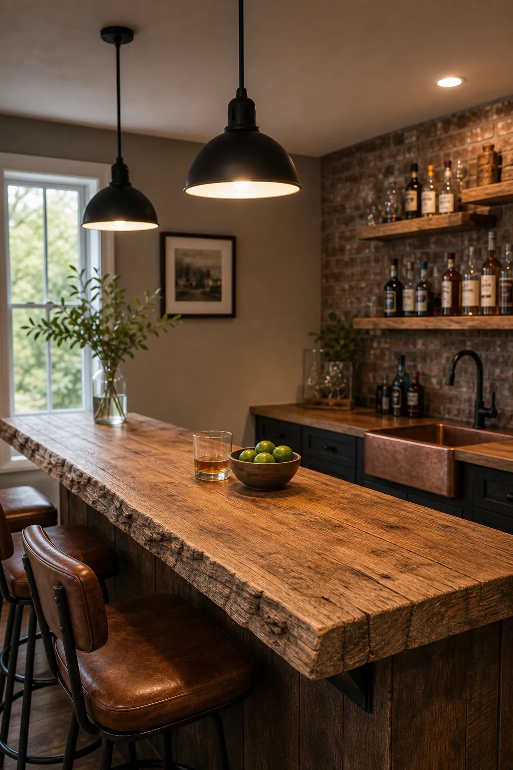 Eye-level view across a wood bar top toward hanging black dome pendants.