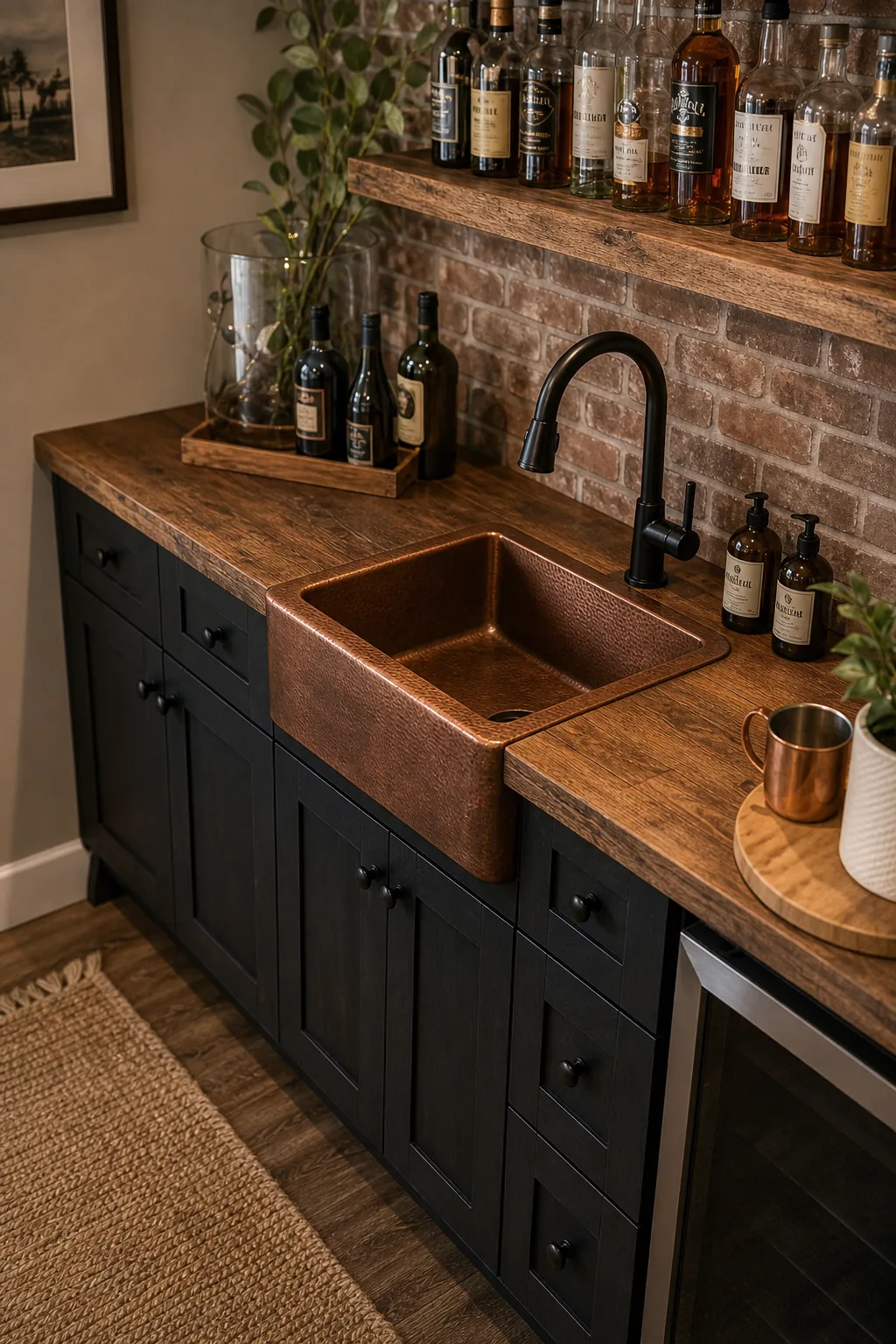 A small copper sink set into a dark cabinet against a brick wall.