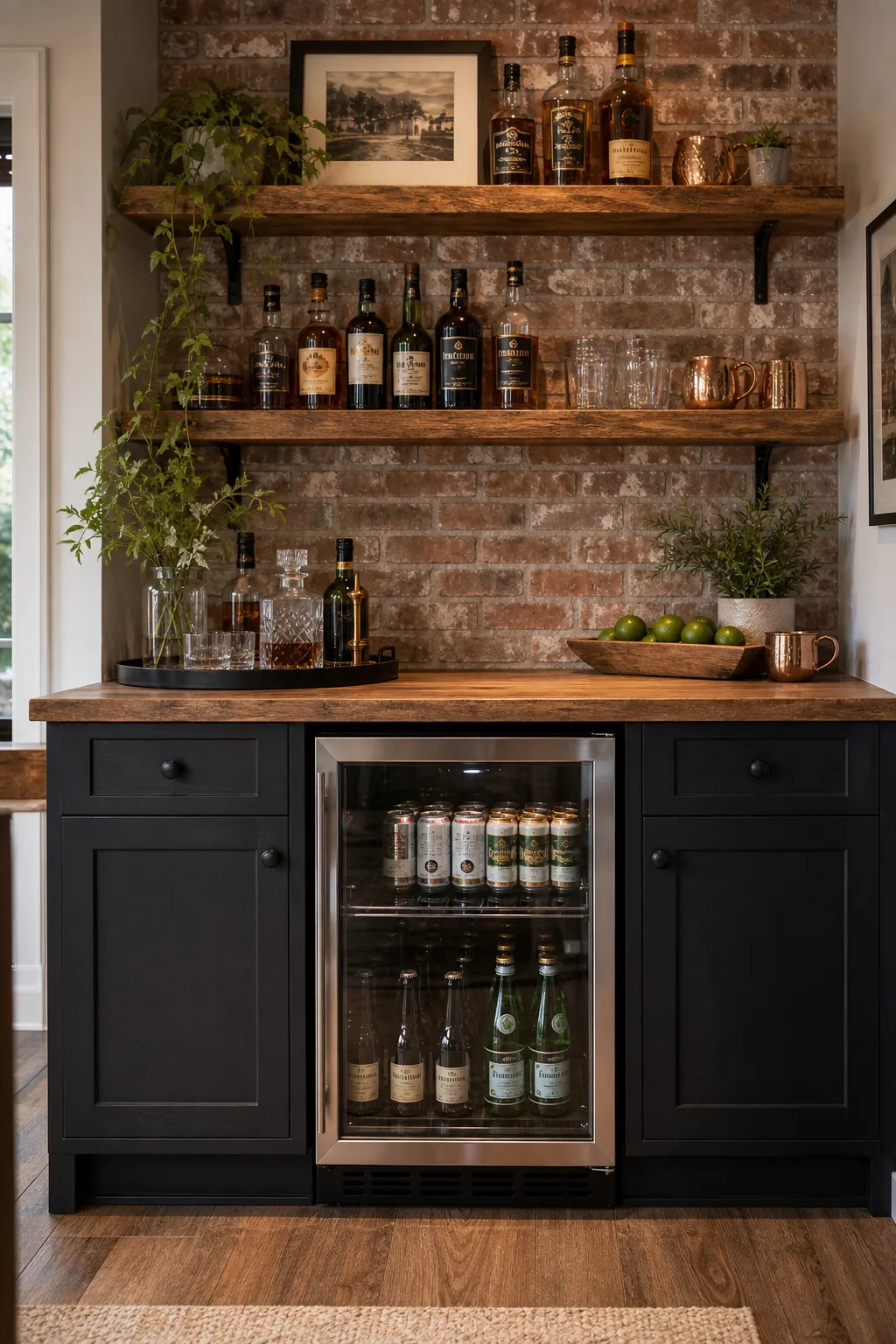 A glass-front beverage fridge built into dark lower cabinets.
