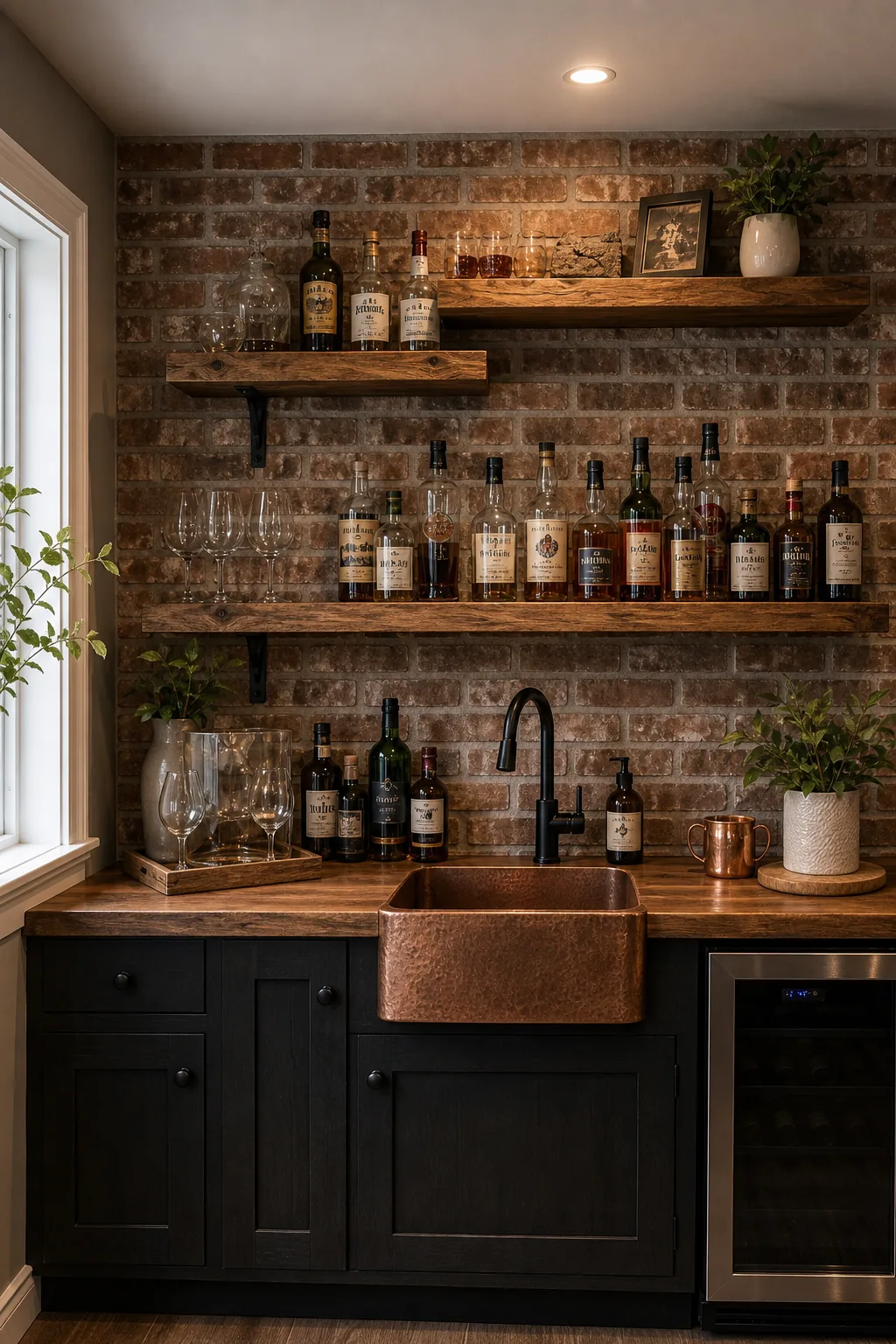 Wood floating shelves mounted on a brick wall holding liquor bottles.