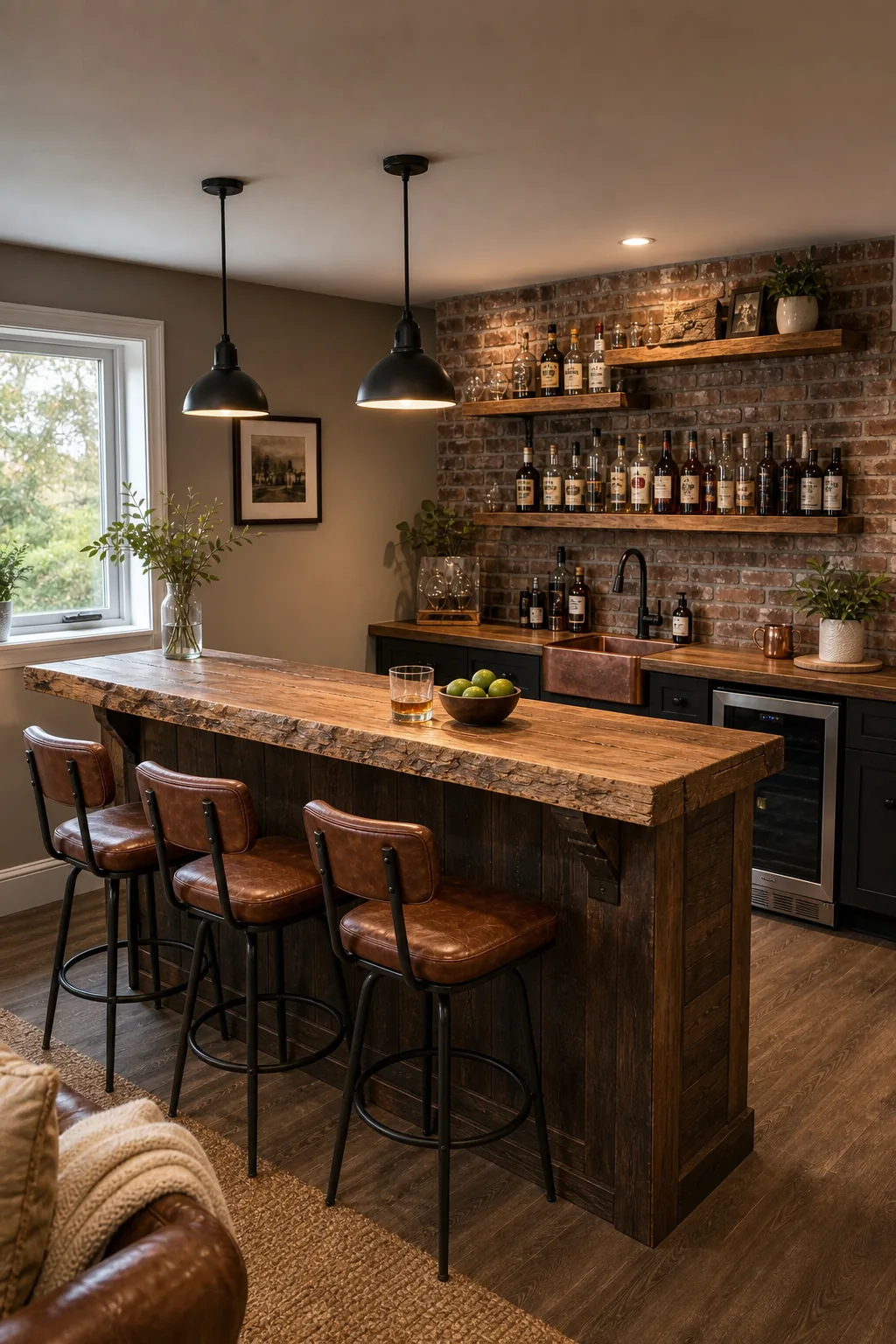 Wide view of a complete rustic basement bar layout.