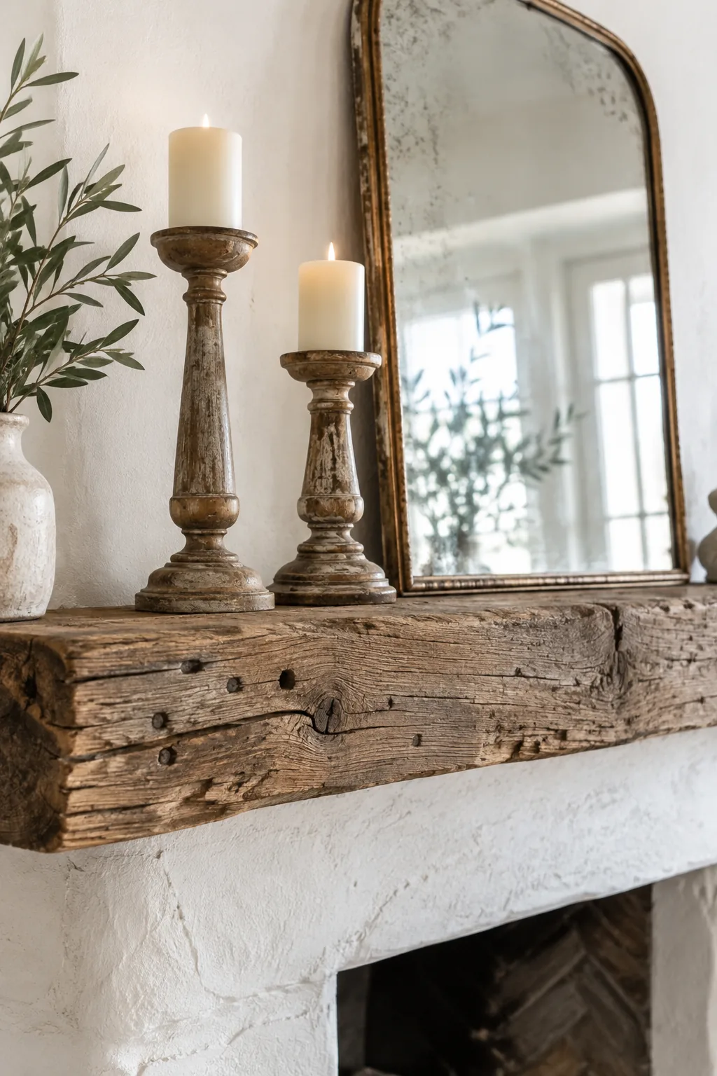 A chunky reclaimed wood mantel decorated with vintage candlesticks against a white wall.
