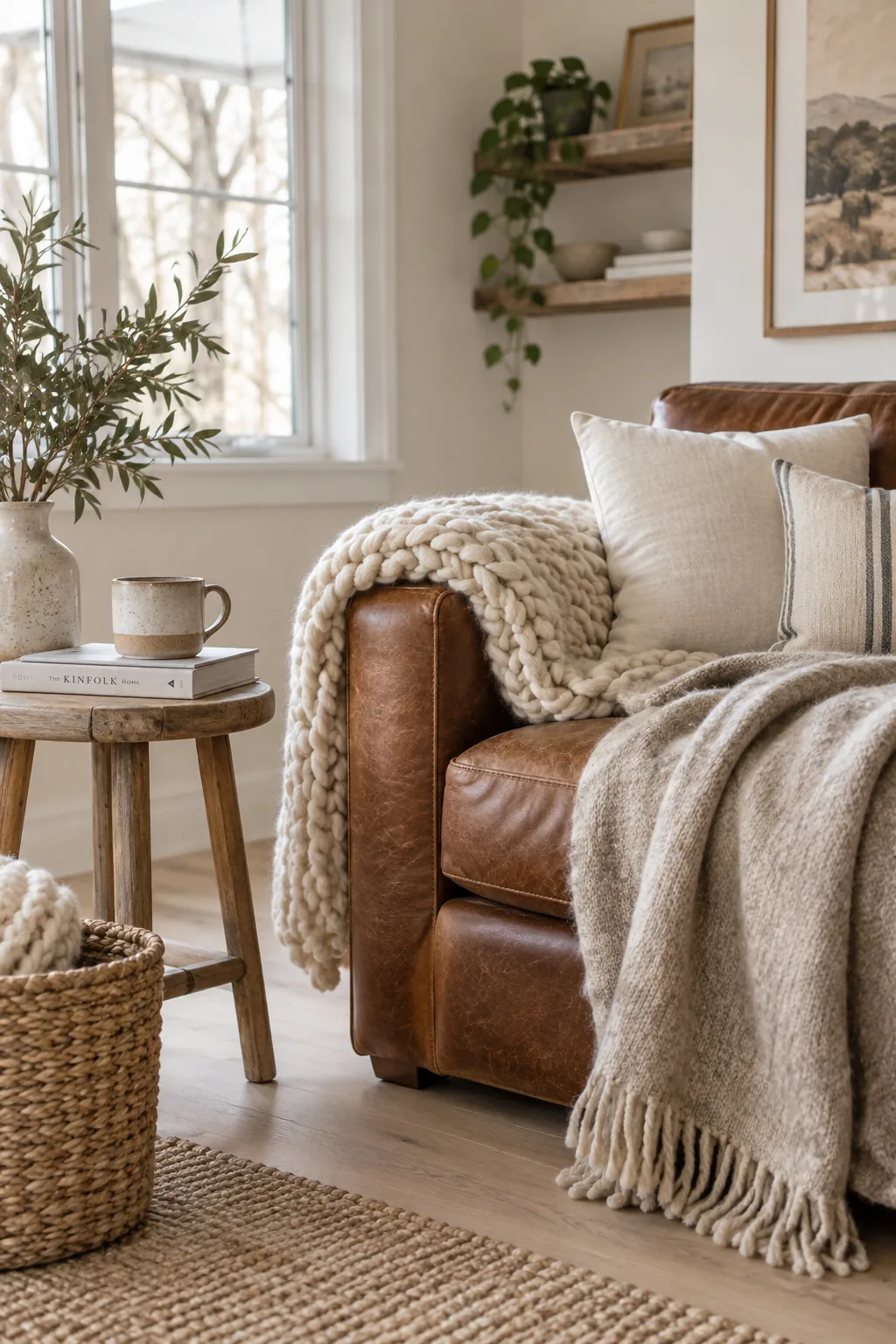 A chunky knit throw blanket draped casually over a brown leather sofa.