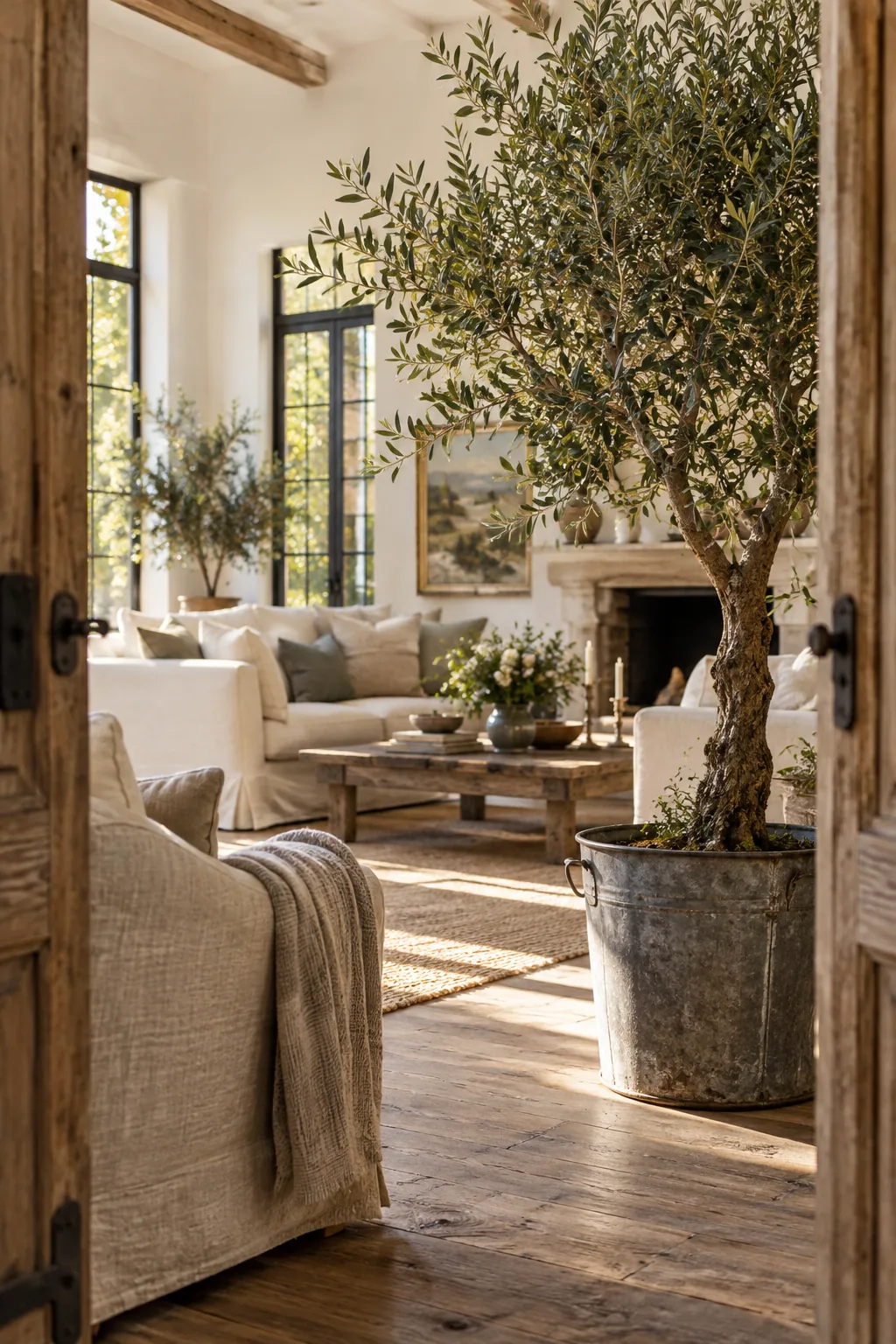A large indoor plant sitting inside a weathered galvanized metal bucket.