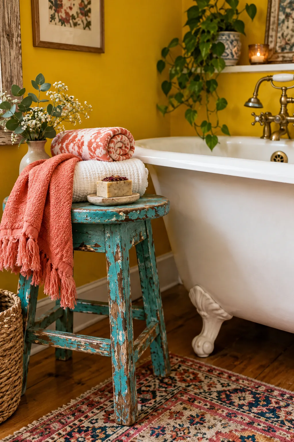 A small stool with chipped white paint holding rolled towels next to a bathtub.