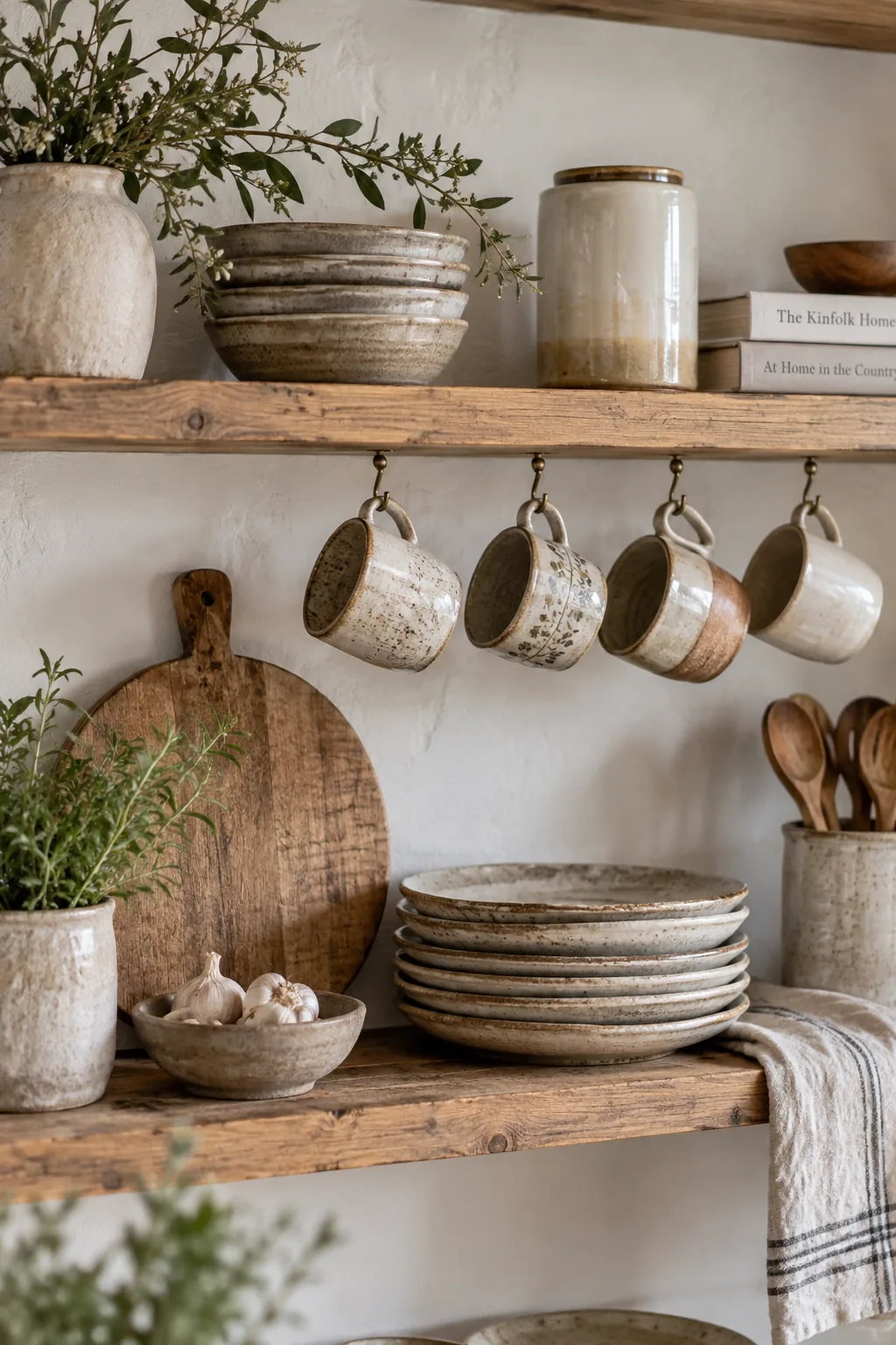 Rustic open kitchen shelves stacked with handmade stoneware plates and ceramic mugs.