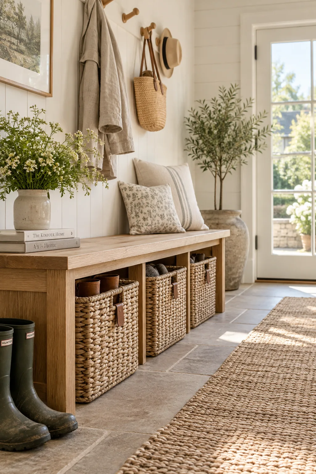 Three large wicker baskets lined up neatly underneath a wooden entryway bench.