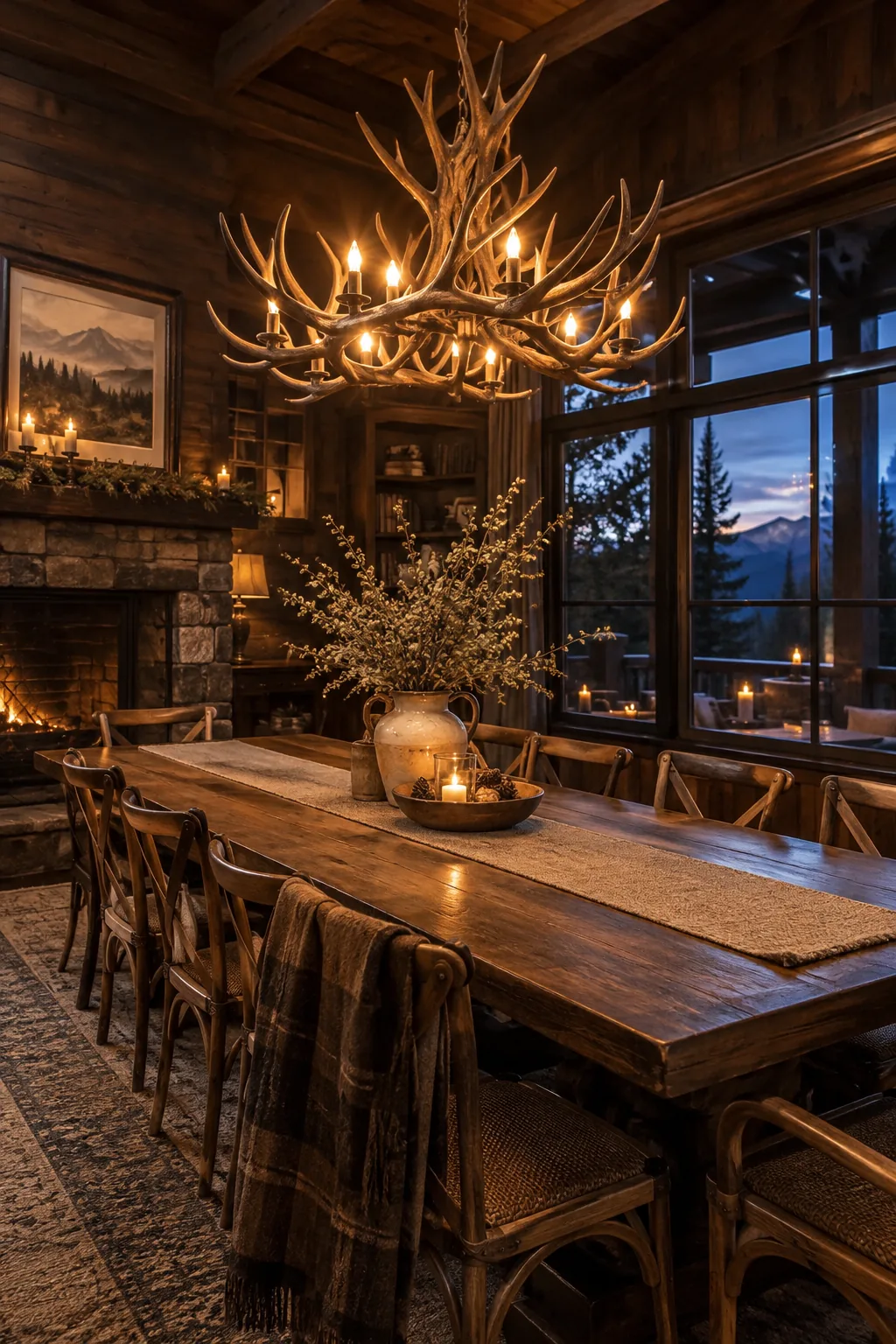 A rustic antler chandelier hanging above a sleek wooden dining table.
