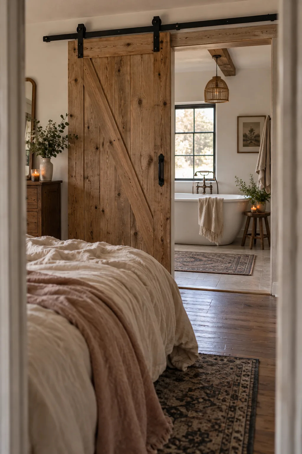 A natural wood sliding barn door with heavy black iron hardware.