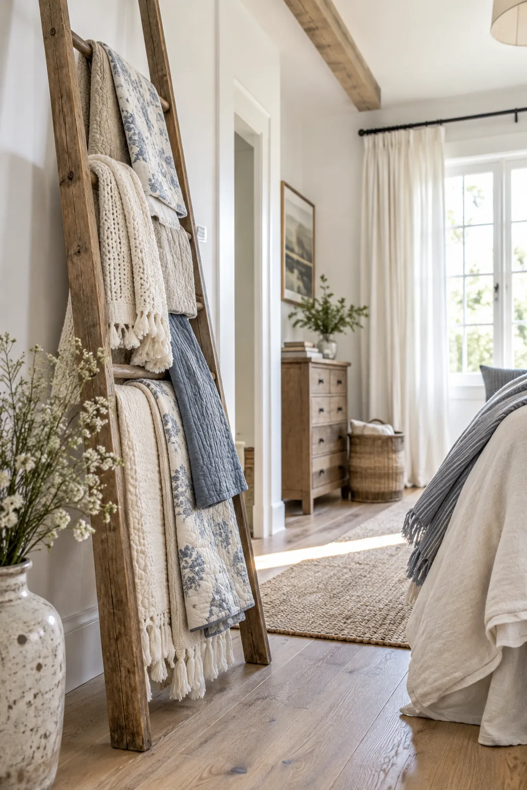 A wooden ladder leaning against a wall, displaying several folded throw blankets.