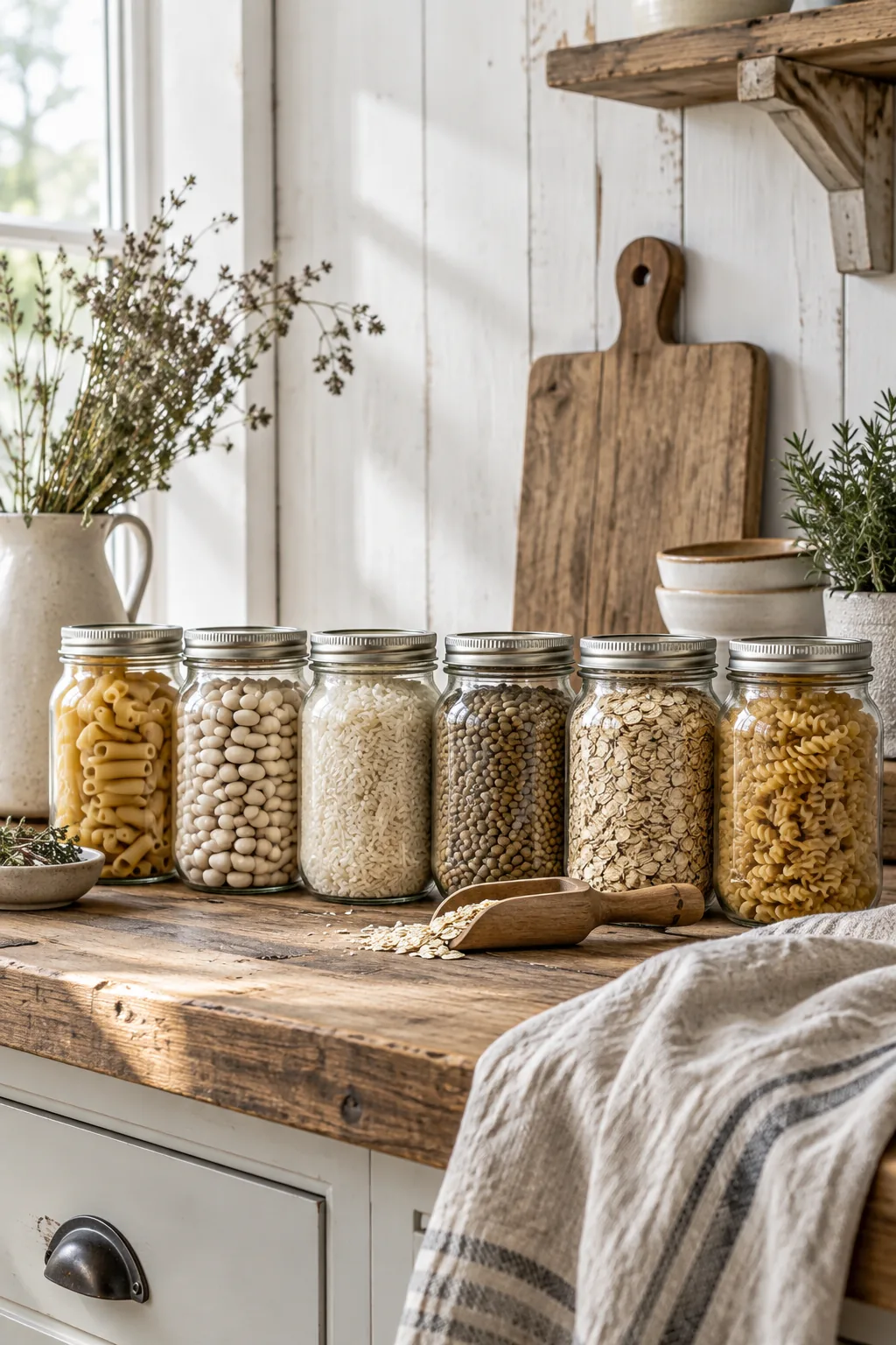 Glass mason jars filled with pasta and beans sitting on a kitchen counter.