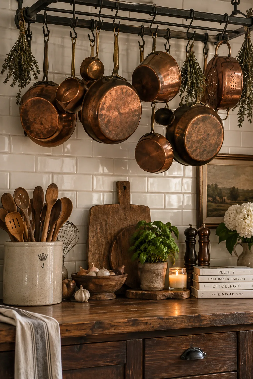 A collection of vintage copper pots hanging from a ceiling rack in a kitchen.