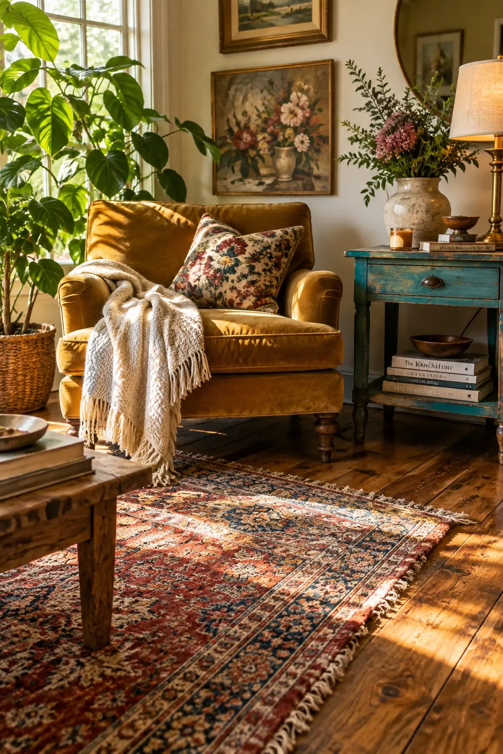 A faded vintage Persian rug laid over natural hardwood flooring.