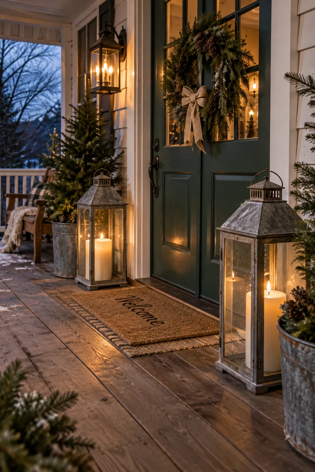 Two large galvanized metal lanterns with candles sitting on a front porch.