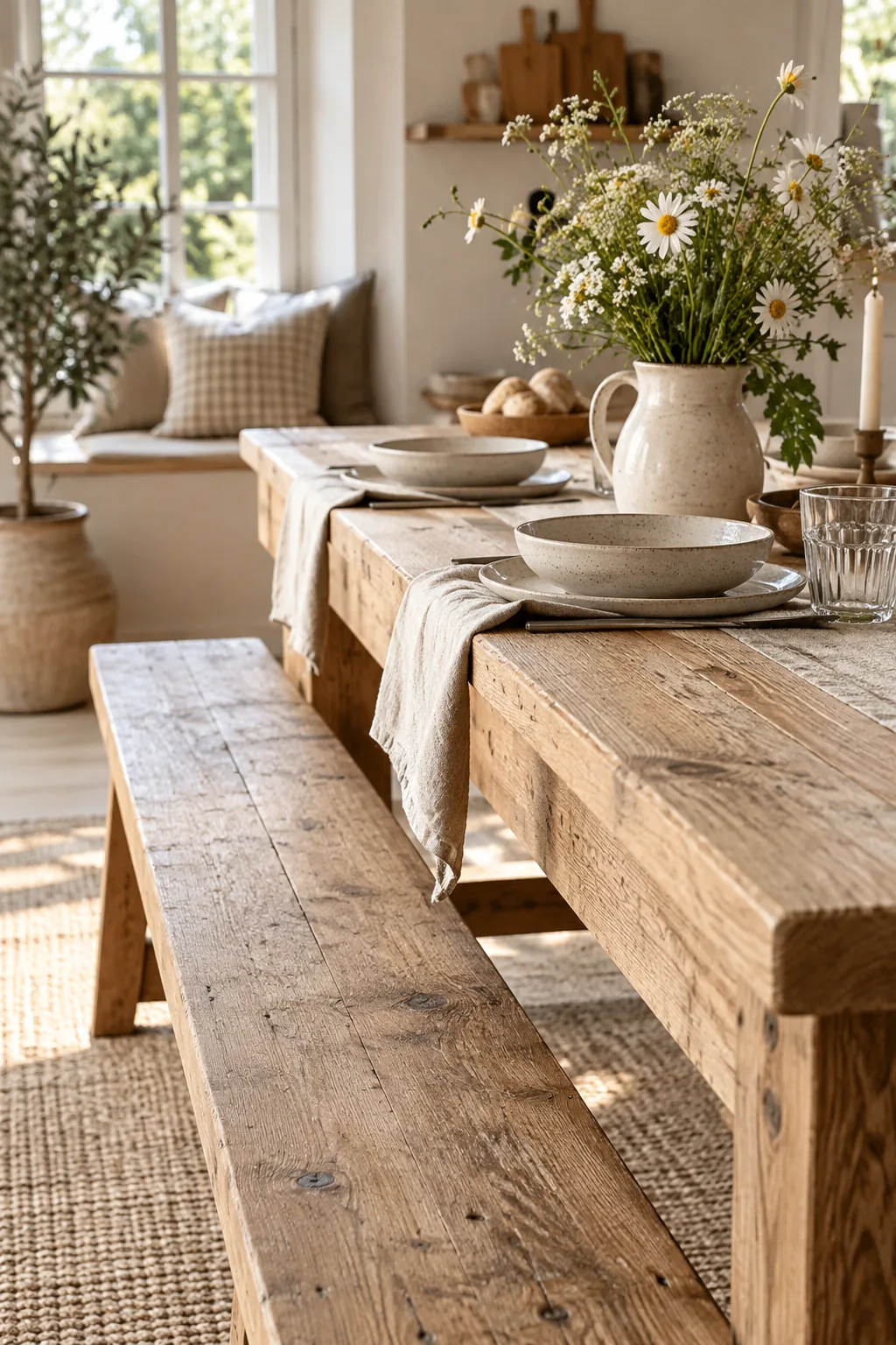 A long wooden dining table with a matching wooden bench on one side.