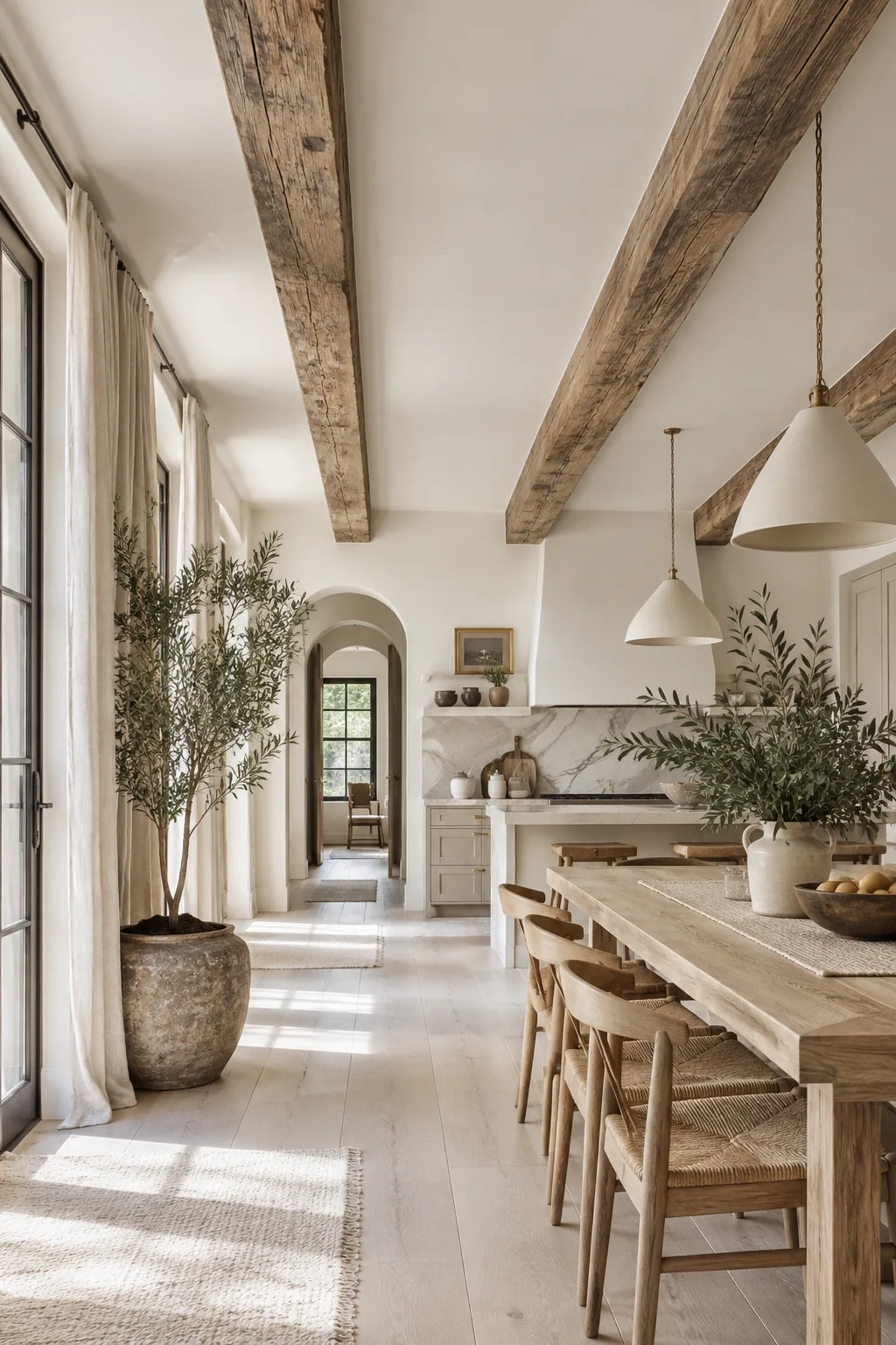 A kitchen ceiling featuring thick reclaimed wood beams spaced evenly across white drywall.