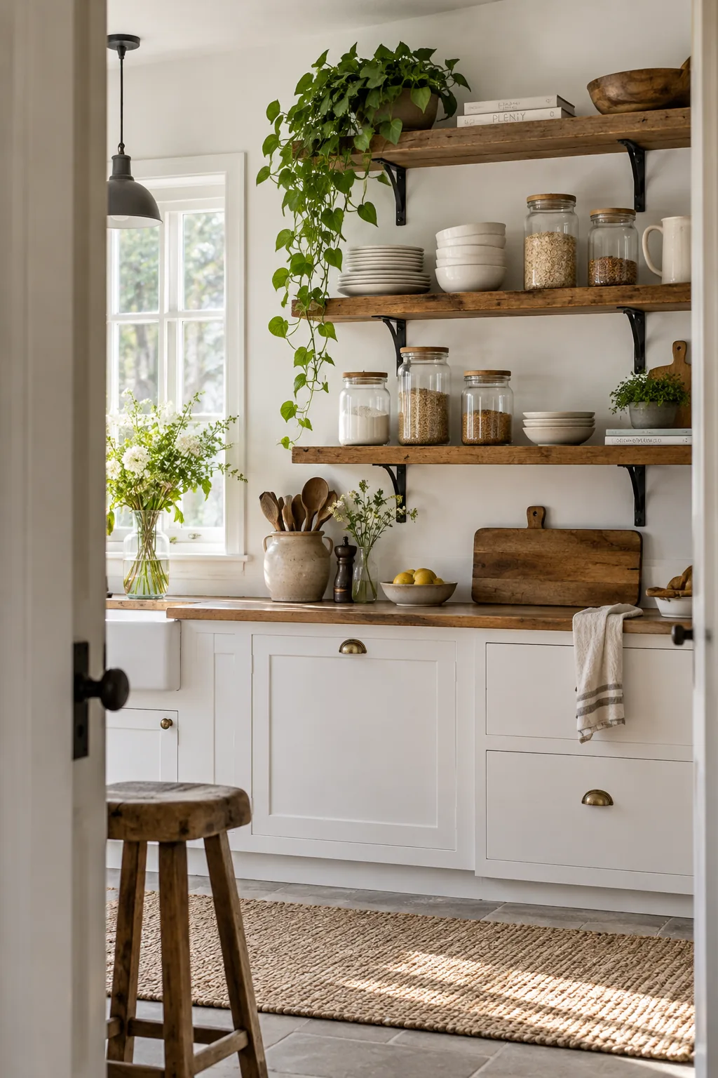 Thick wooden open shelves on a kitchen wall displaying stacked white plates and glass jars.