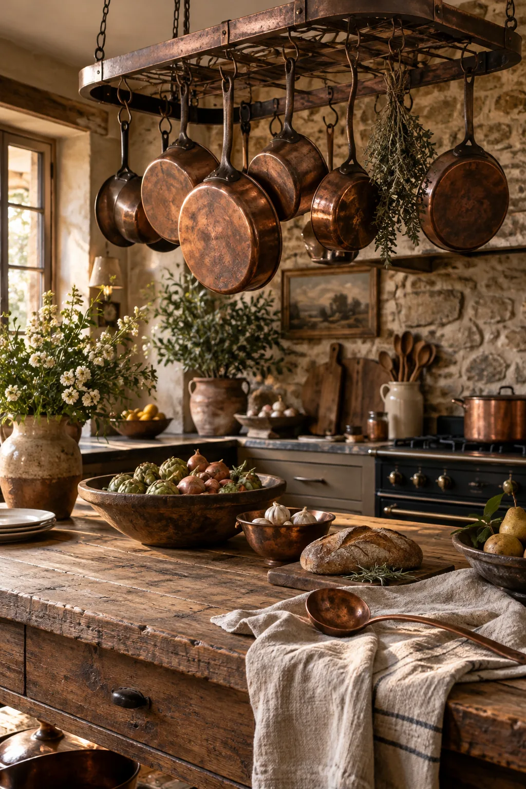 A vintage hanging copper pot rack over a kitchen island filled with copper cookware.
