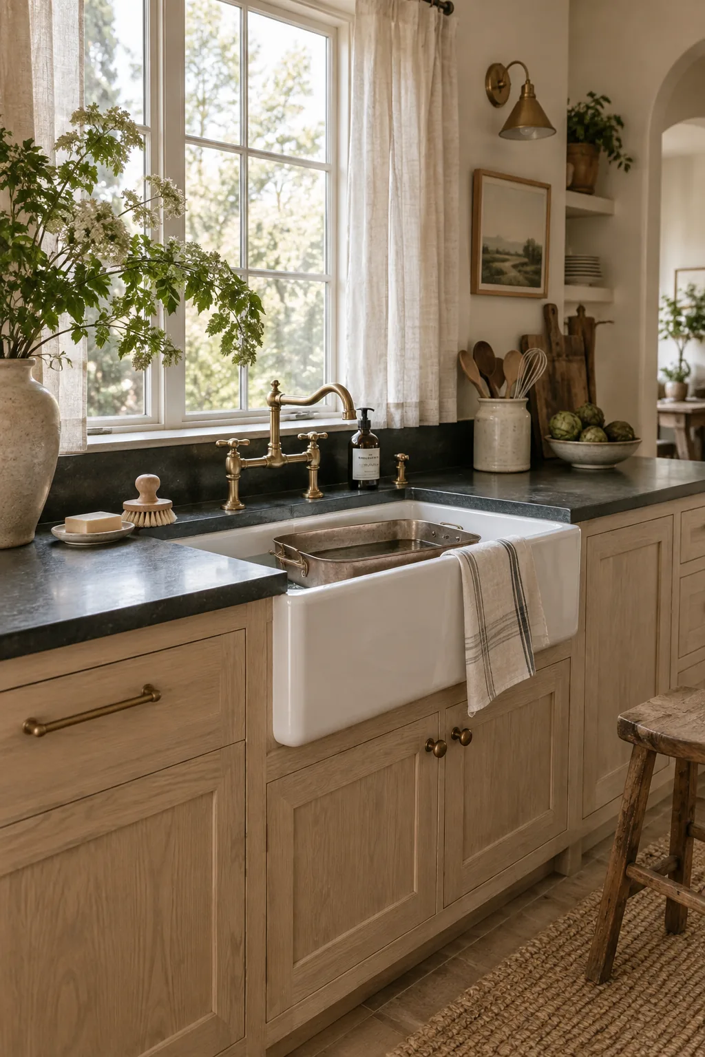 A deep white fireclay farmhouse sink set into dark soapstone countertops with an aged brass faucet.
