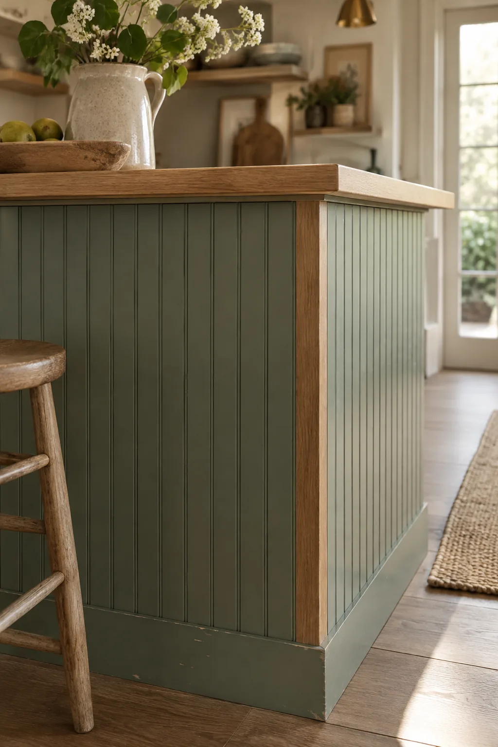 A kitchen island wrapped in sage green beadboard paneling with wooden trim.