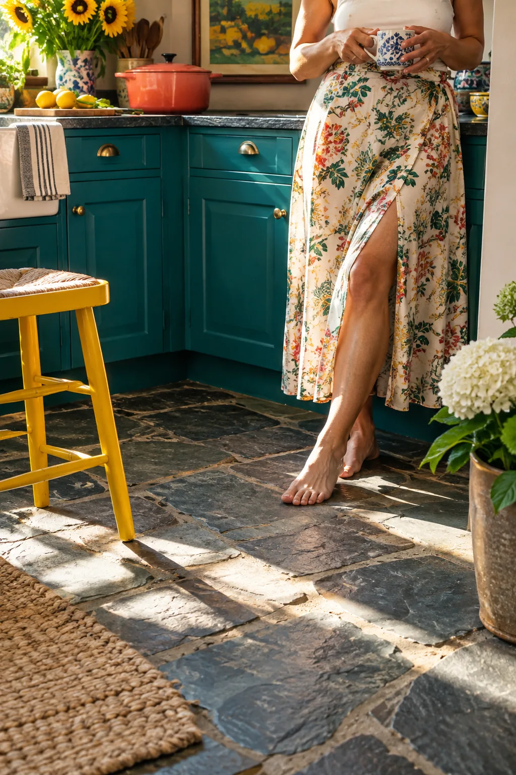 A rustic kitchen floor made of irregular flagstone pieces laid in an ashlar pattern.