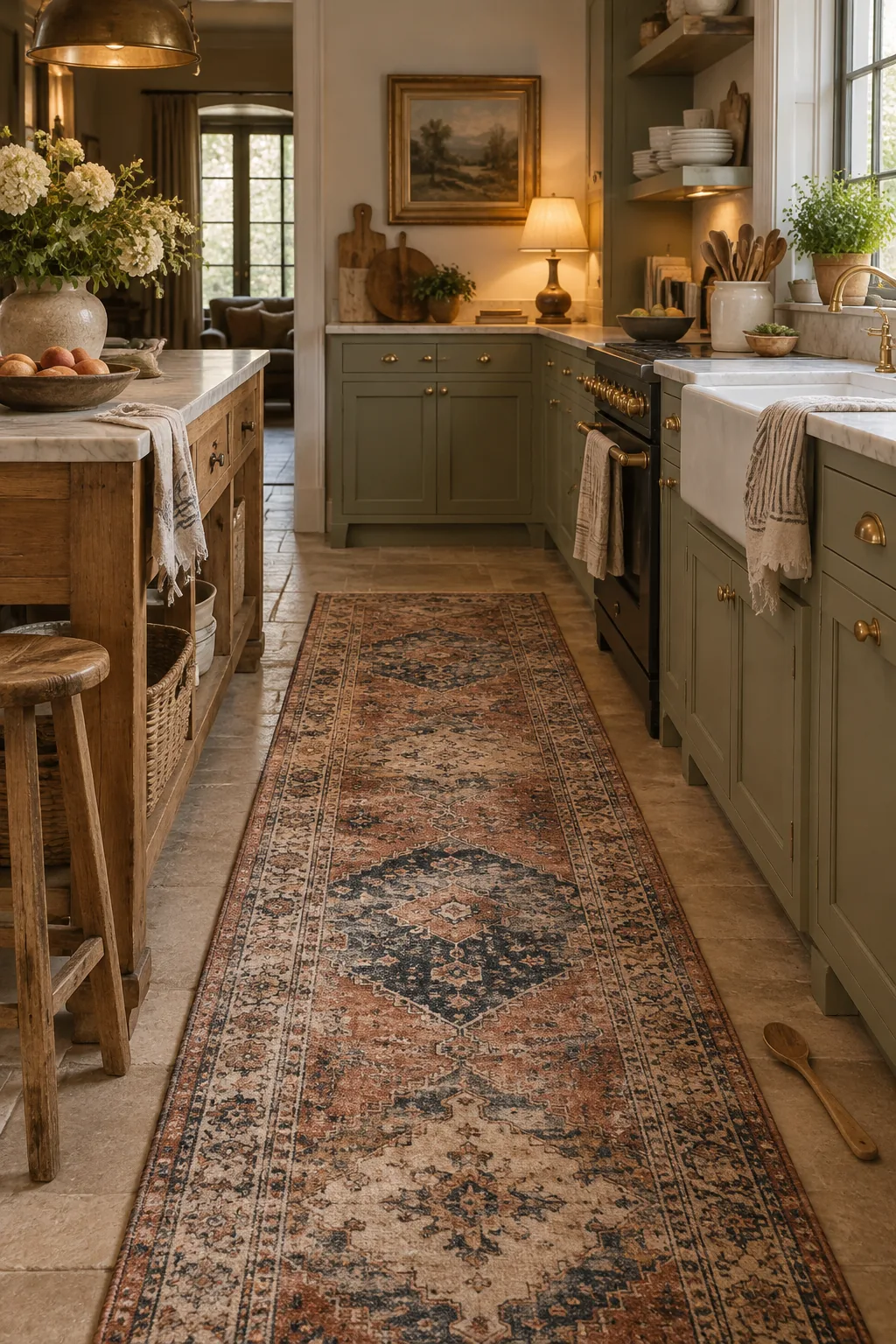A faded vintage Turkish runner rug placed on a wooden floor in front of a kitchen sink.
