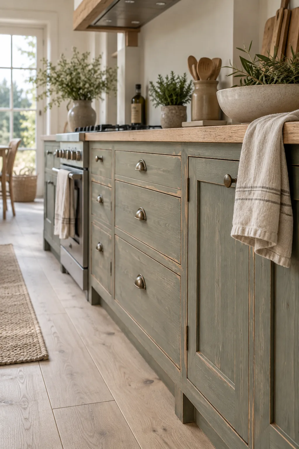 Kitchen cabinets painted with thin matte milk paint showing exposed wood grain on the edges.