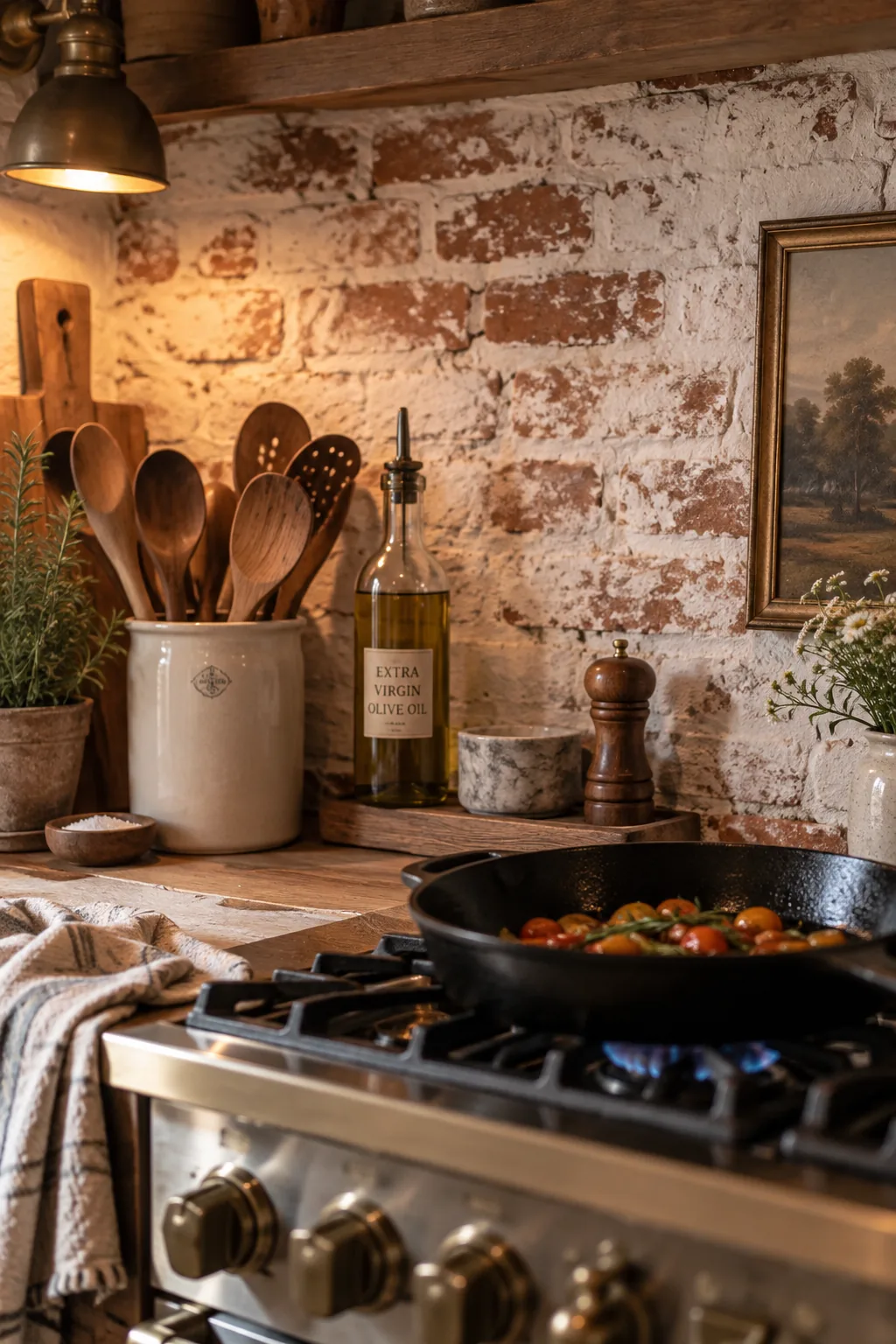 A kitchen backsplash made of thin tumbled brick veneers with a messy white mortar schmear.