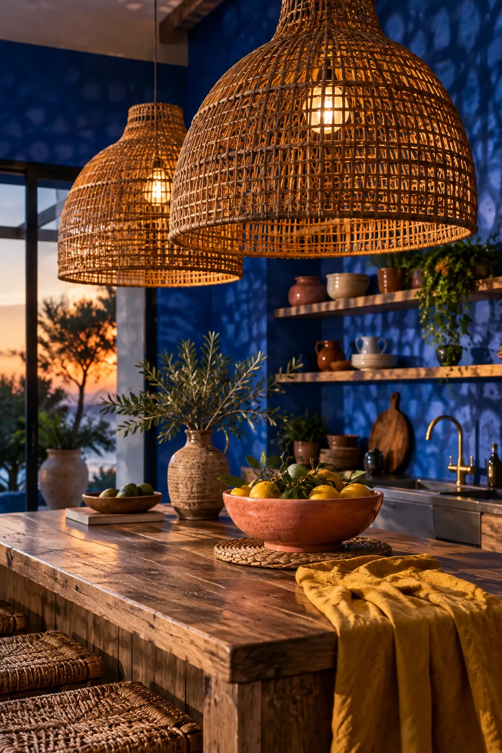 Large woven rattan pendant lights hanging above a rustic wooden kitchen island.