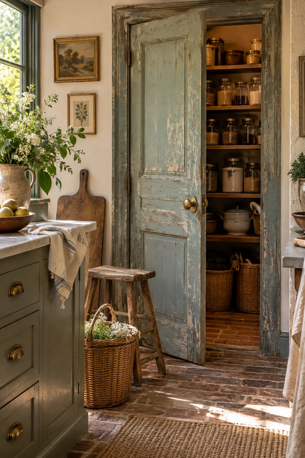 A heavy antique wooden door with chipped paint used as a kitchen pantry door.