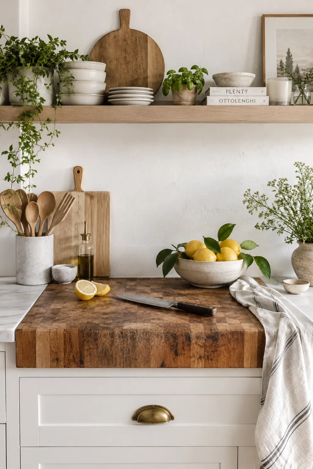 A thick end-grain butcher block section integrated into a kitchen countertop.