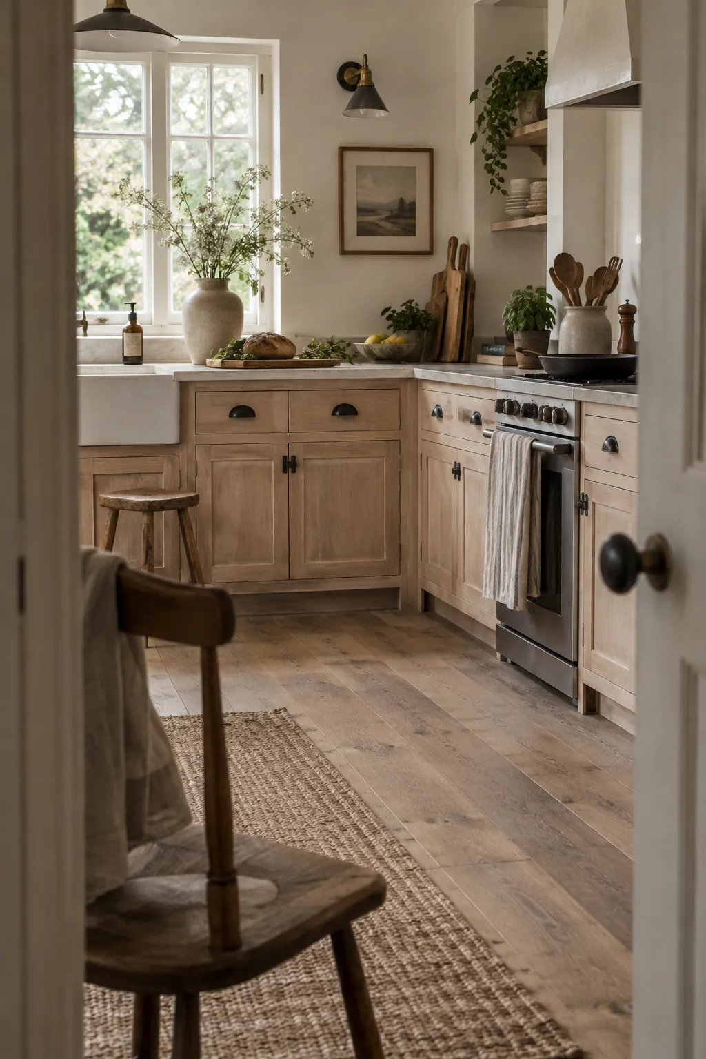 Solid iron bin pulls and latch catches installed on light wood shaker cabinets.