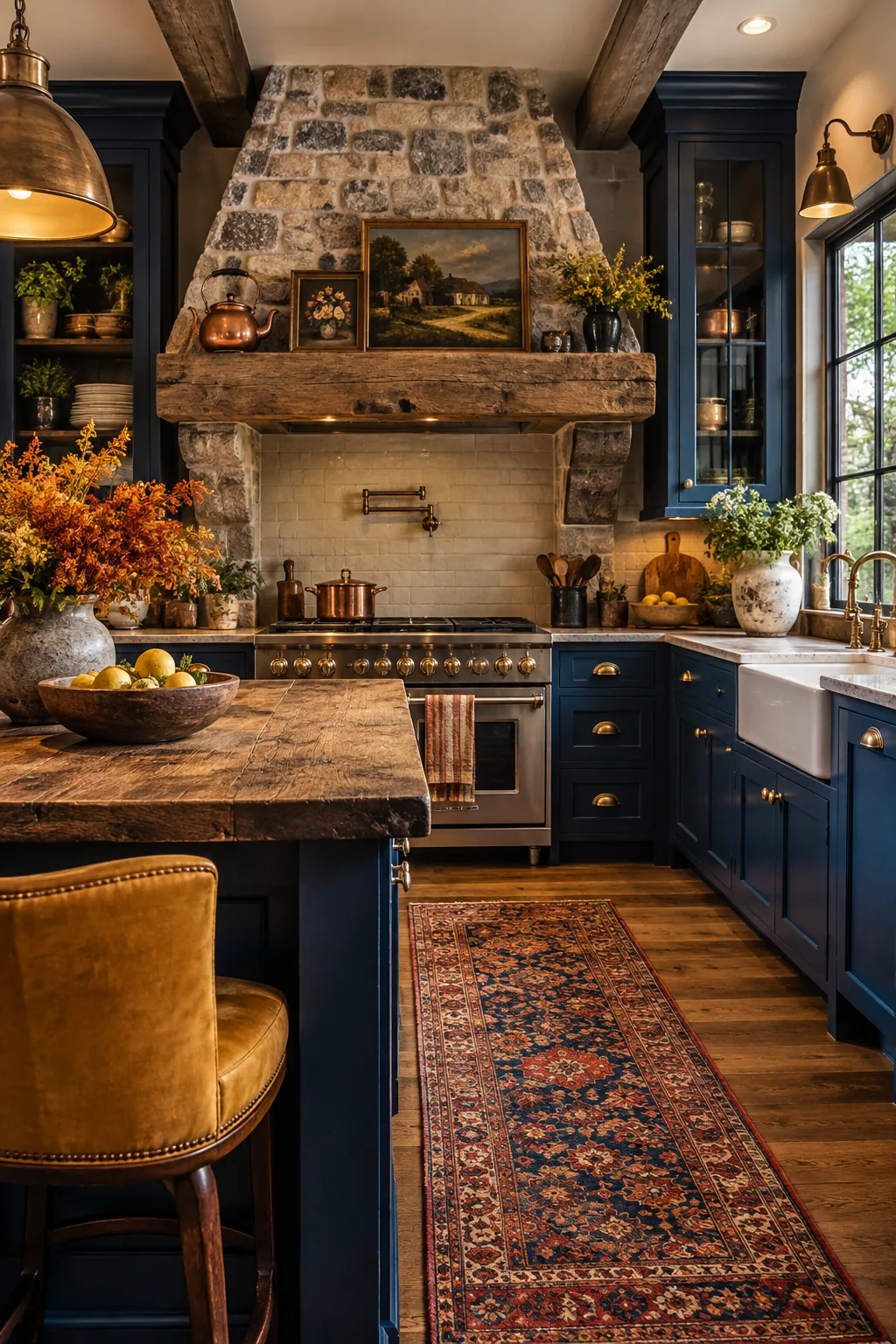 A large custom vent hood covered in stone veneer with a reclaimed wood mantel above a stove.