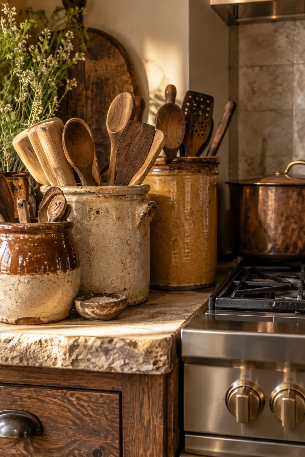 A cluster of vintage clay crocks on a kitchen counter holding wooden spoons and spatulas.