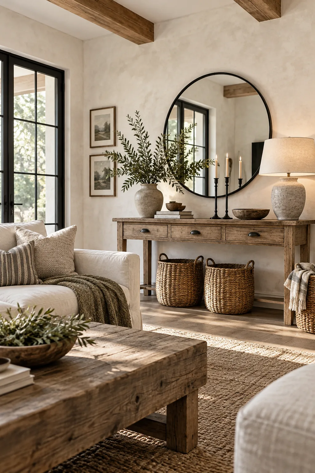 Modern farmhouse living room with white limewashed walls and a dark aged-pine console table.