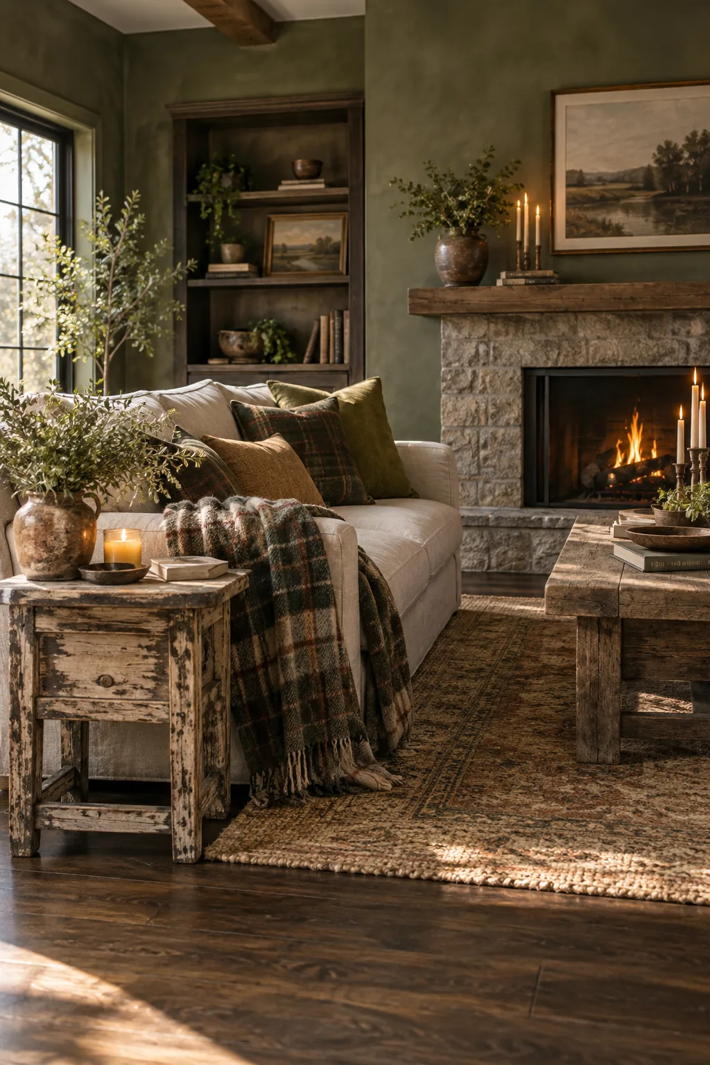 Cozy cabin living room with olive green limewashed walls and a distressed pine side table.